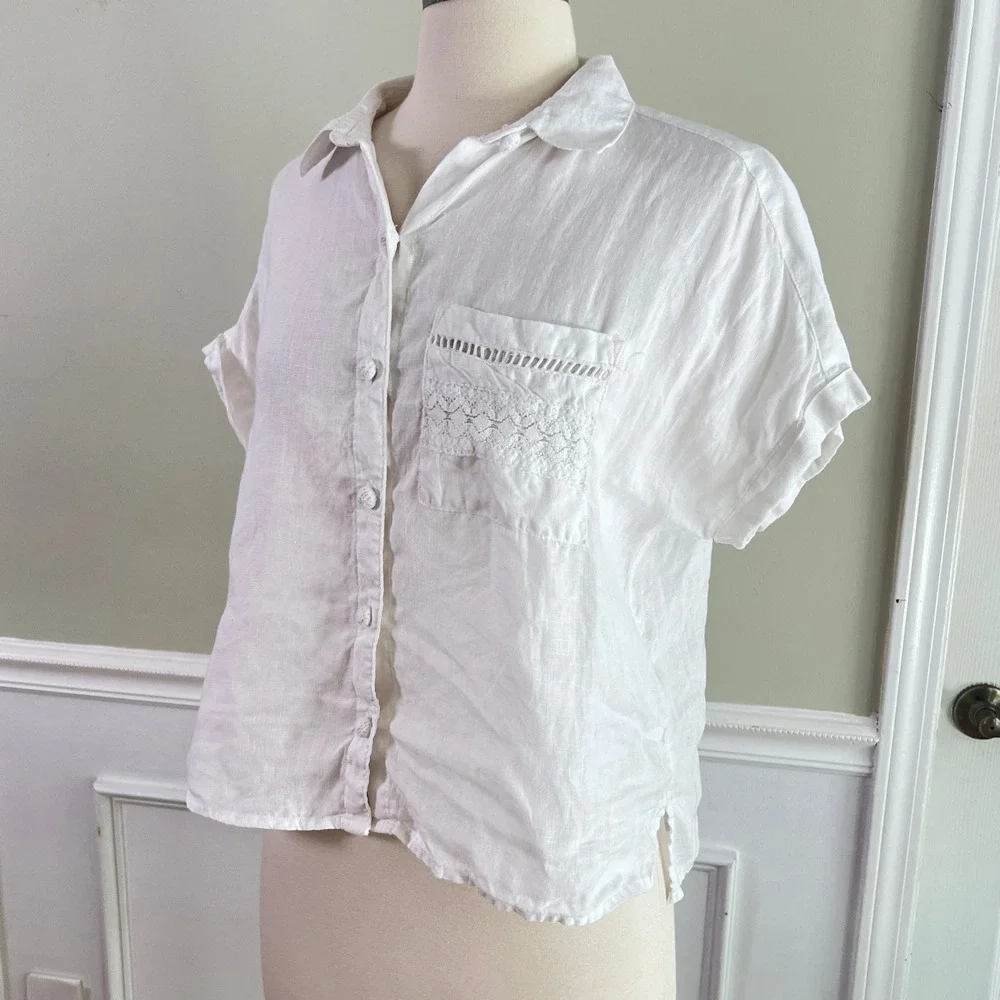 Joie Linen Button Down Shirt S Womens Lace Pocket Short Sleeve White Coastal - Picture 10 of 10